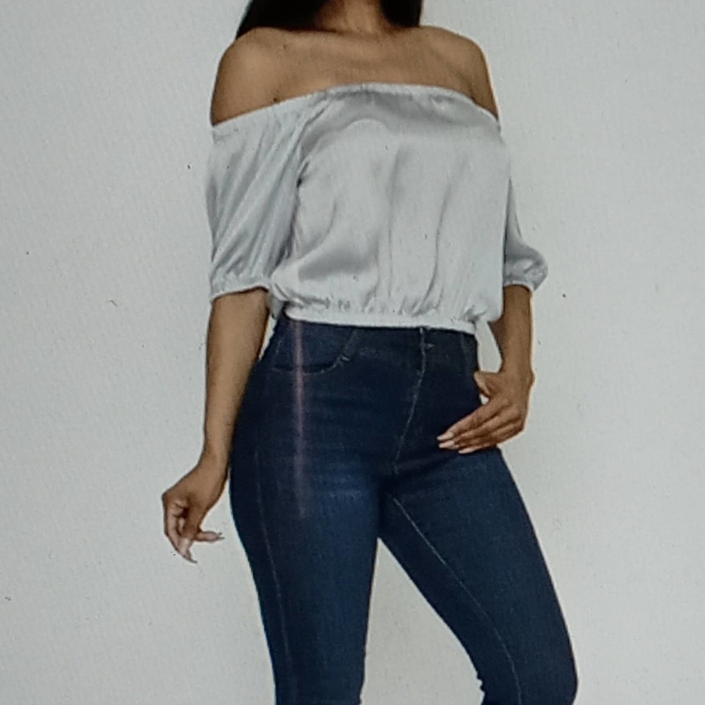 Must Have Off Shoulder Silver Crop Top - Picture 1 of 8